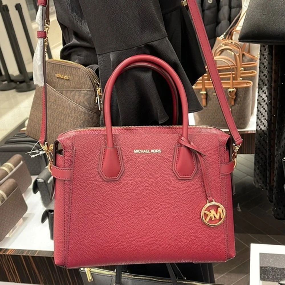 MICHAEL KORS Mercer Medium Two-Tone Pebbled Leather Belted Satchel Mulberry